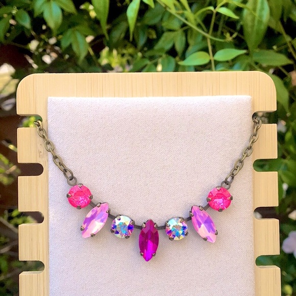 Jewelry - Hot Pink + Pink-Purple Opal Aurora Borealis Antique Brass Crystal Necklace